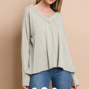 New Long Sleeve High-Low V-Neck Oversized Top - Sage